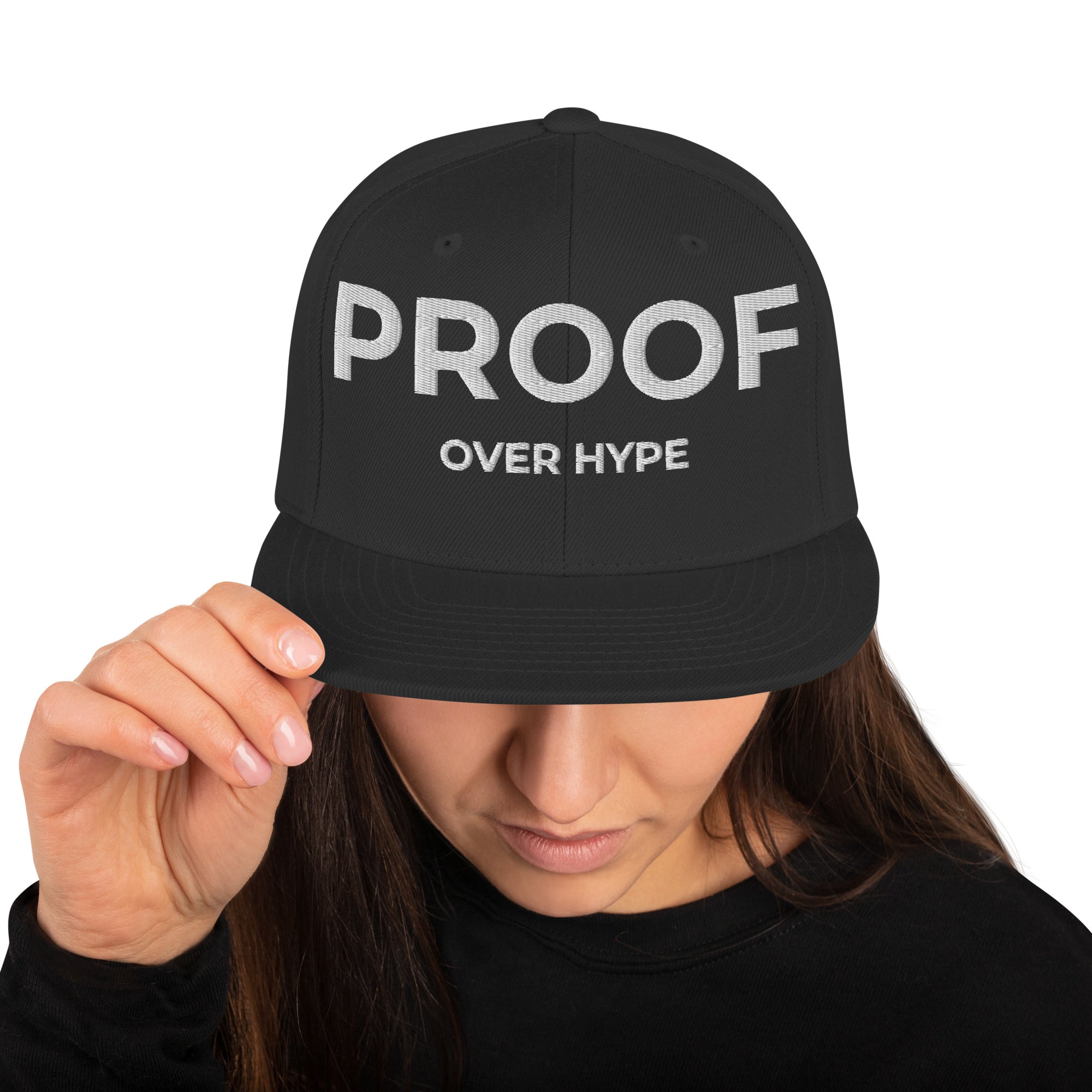 Close-up embroidery detail – TheCapTribe Proof Over Hype snapback hat
