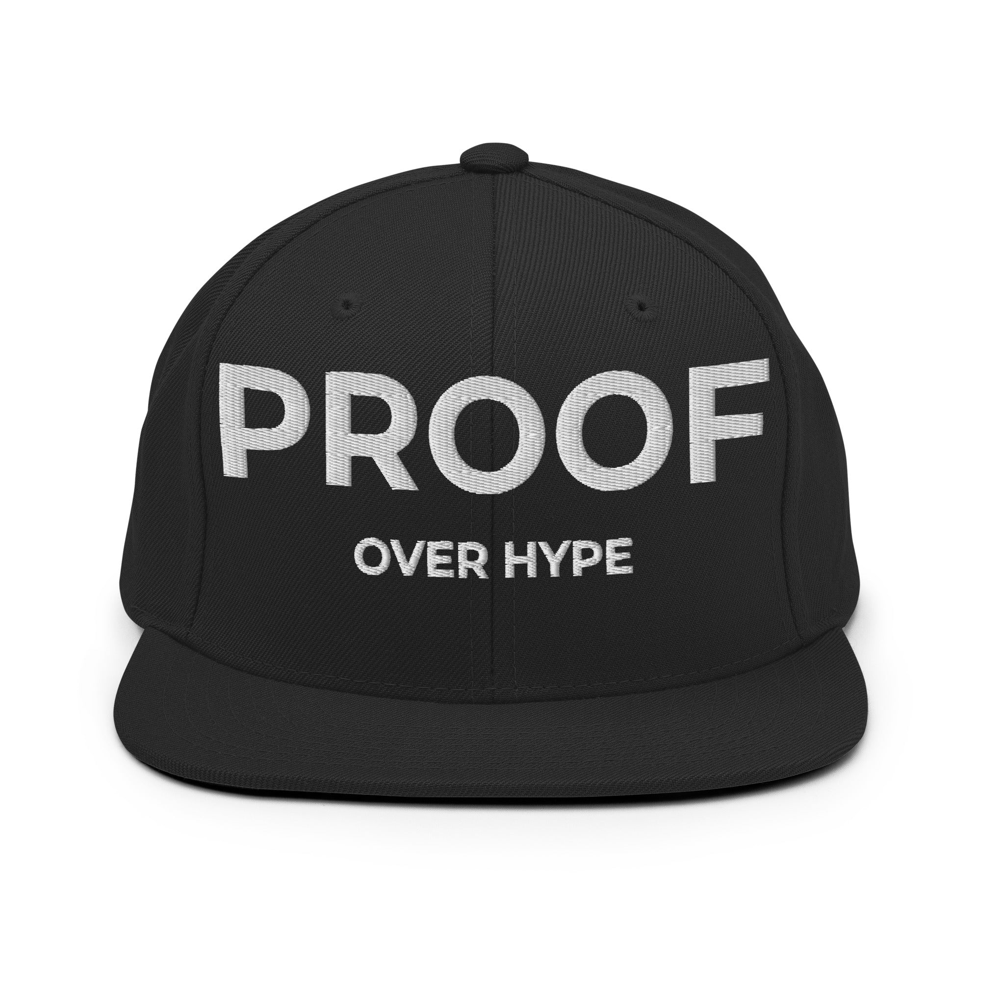 Minimalist black snapback by TheCapTribe – Proof Over Hype slogan cap top view