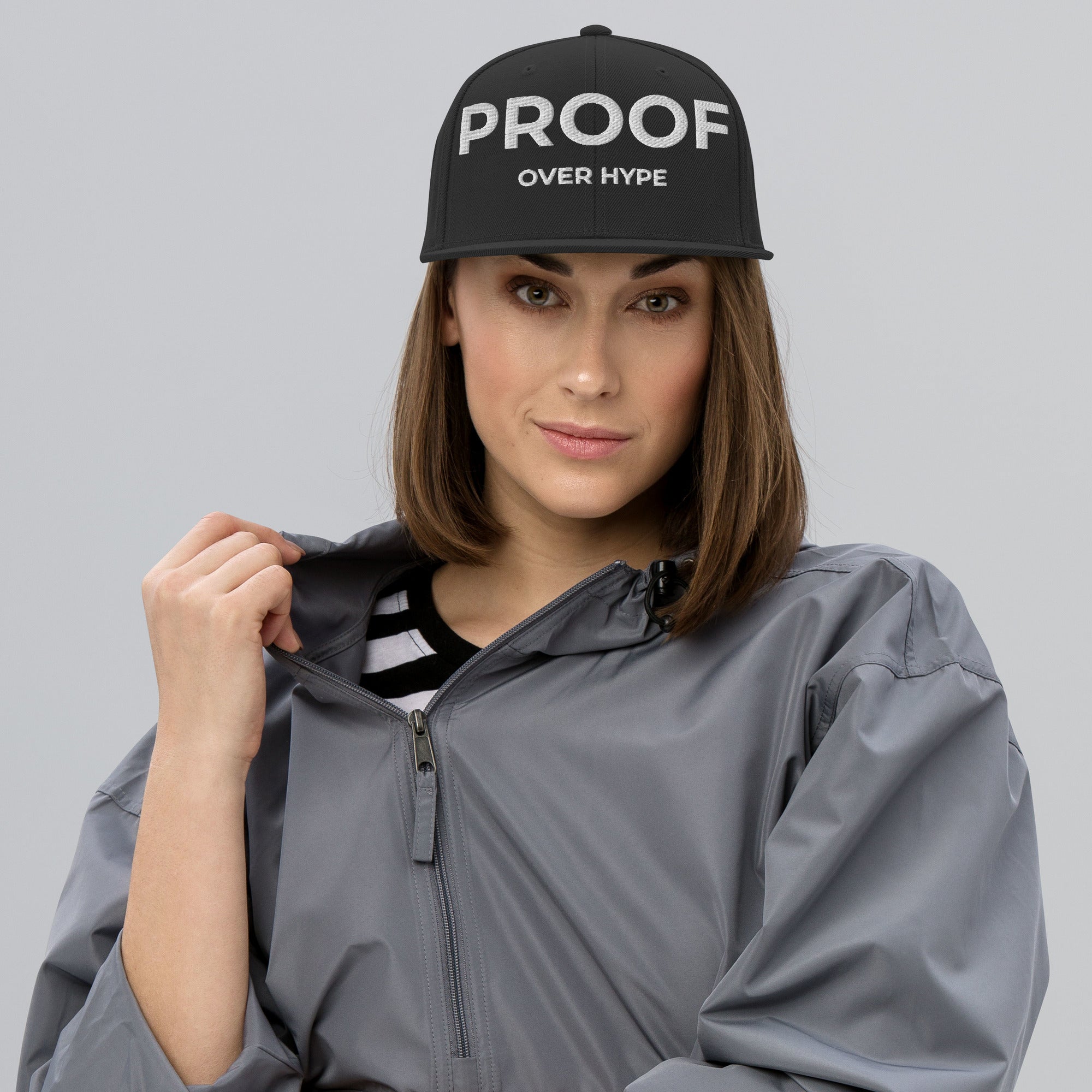 Proof Over Hype snapback hat by TheCapTribe – black with white embroidery