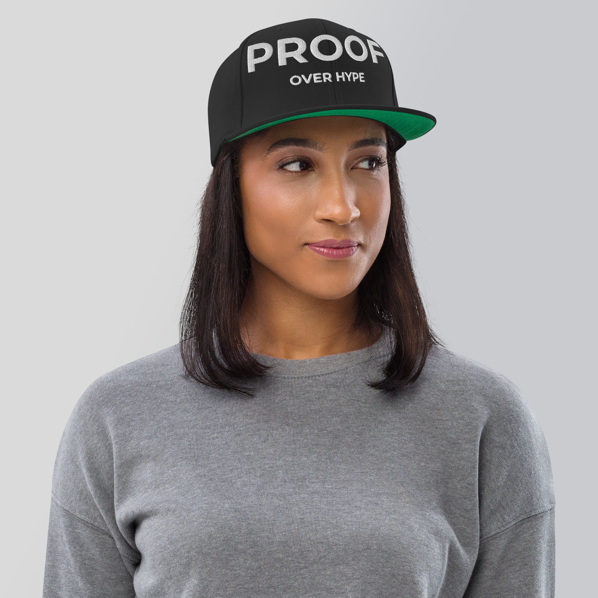 Proof Over Hype snapback hat by TheCapTribe – black with white embroidery
