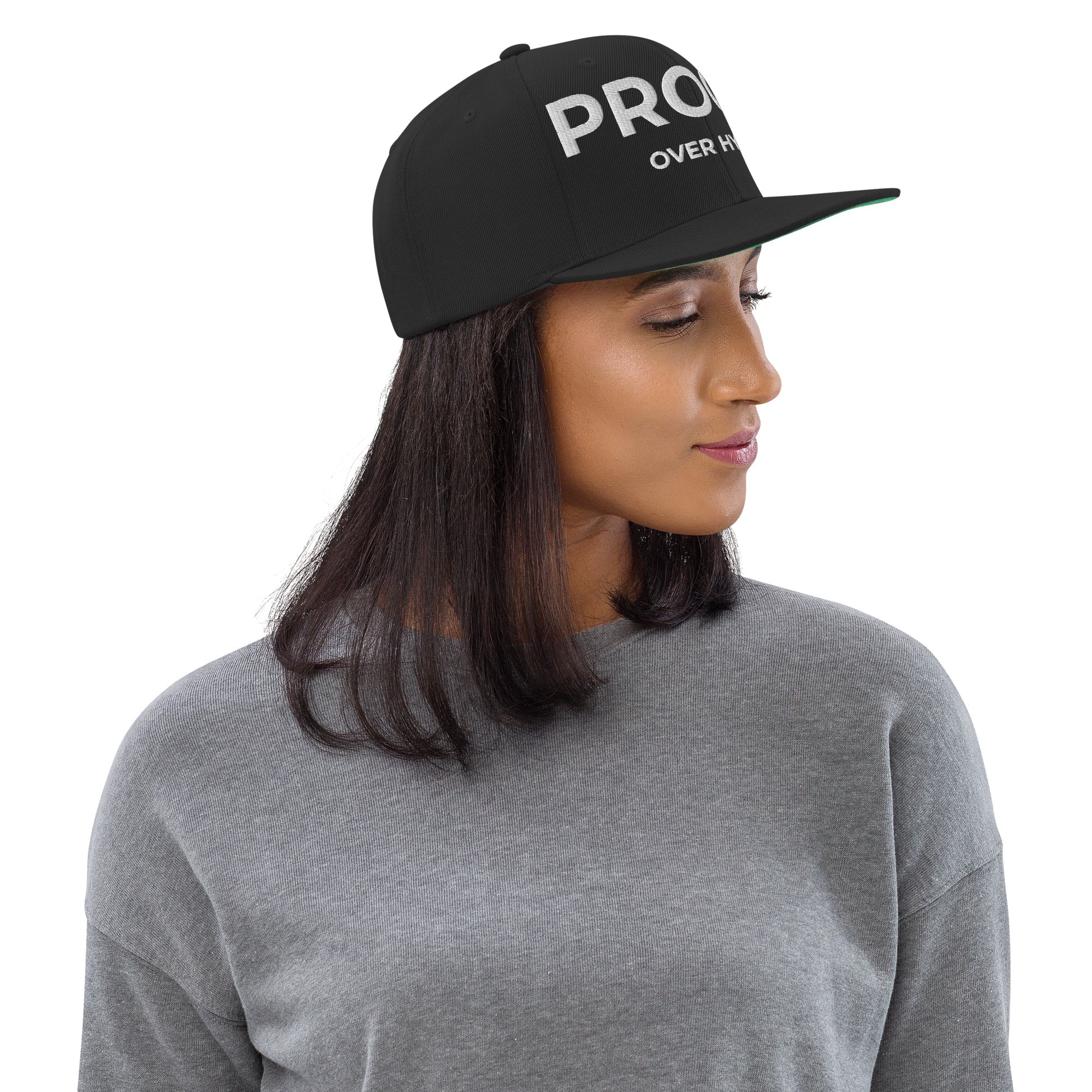 Proof Over Hype snapback hat by TheCapTribe – black with white embroidery
